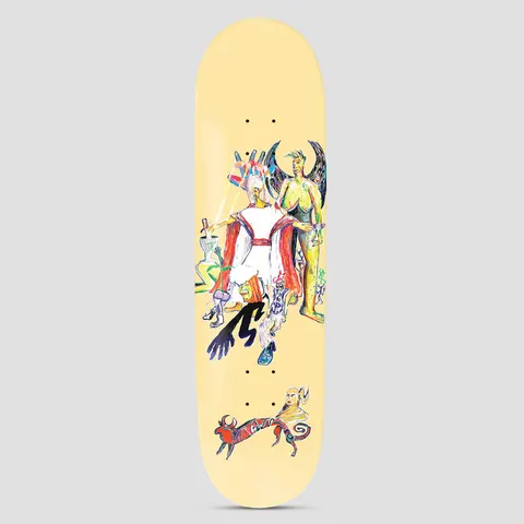 Passport Heaven & Hell Series Bull skateboard deck: A loose, painterly scene of a winged figure and a robed figure with a puppet-like hand, surrounded by small odd creatures and a red bull-like animal at the tail, on a pale yellow deck.