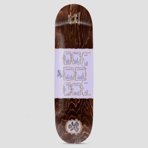 Passport Menu Pro Series Matlok skateboard deck: Brown wood-stained deck with a lilac band across the middle showing a restaurant menu laid out in ornate gold frames. Pro name and logo at the top, with a gold crest at the tail.