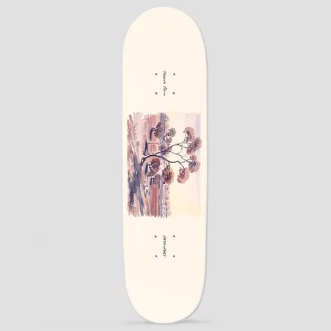 Passport Pro Series Josh Dorothy skateboard deck: Watercolour landscape of a spreading tree with russet blossoms against a pale sunset sky, in a rectangle on a cream deck with small script names near the nose and tail.