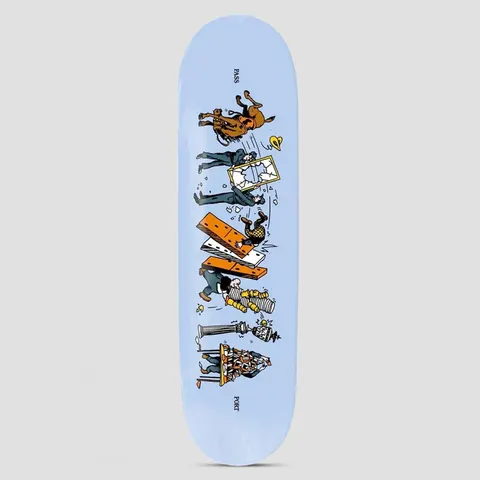 Passport Singles Take Care skateboard deck: Vertical line of comic-style figures knocking each other over like dominoes: a bucking horse, police officers, a smashed window, giant dominoes, chess pieces and a pillar. Pass and Port are printed at the ends of a light blue deck.
