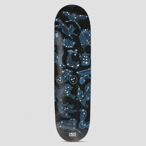 Passport Stargazer Series East skateboard deck: Black starry deck covered in blue-outlined constellation drawings with white stars, including a wolf, a lion, a snake, a cyclist, a wheelbarrow, a coffee pot, a crown and a peacock. Passport logo at the bottom.