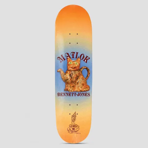 Passport Teapot Matlok skateboard deck: Ceramic ginger cat teapot with green eyes on a blue glow over an orange gradient. Red retro lettering reads 'Matlok' above and 'Bennett-Jones' below, with a Passport steaming teacup logo at the bottom.