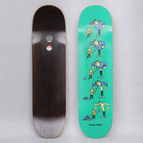 Passport W.C.W.B.F? Thread Green skateboard deck: Cartoon strip of five stages down a green deck: a small boy pulls a thread from a large man's striped jumper, unravelling it into a pile until the angry man is left in a vest.