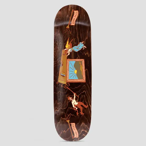 Passport Angel vs Devil Pro Series Josh skateboard deck: Sideways scene on a dark brown stained deck: an angel emerging from a doorway and a devil with a pitchfork on either side of a framed sunrise landscape, with trumpet banners carrying the rider and brand names.