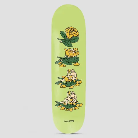 Passport Try Hard Series Lover skateboard deck: Four stacked cartoon panels showing a yellow rose gradually wilting, shedding petals while a small naked figure emerges and sits among them. The Pass-Port name is at the bottom, on a lime green deck.