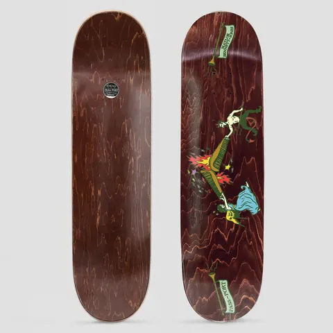 Passport Angel vs Devil Pro Series Matlock skateboard deck: Dark brown stained deck with a small illustration of an angel in blue and a green devil pulling opposite ends of a flaming keyboard, with green banner scrolls carrying the rider and Pass~Port names.