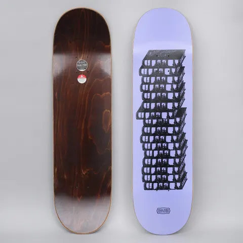 Passport Dean Palmer Pro Series Purple skateboard deck: Lilac deck with a black linework illustration of a tall stack of books or blocks, drawn with dense windows or shelves and slightly offset, with a small Passport name plate near the tail.