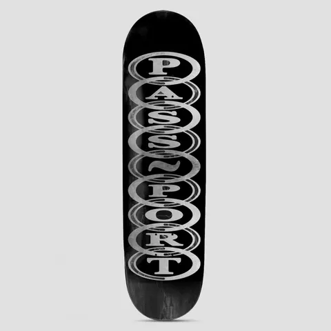 Passport Hoops Black skateboard deck: Black deck with the word Passport spelled vertically in silver serif capitals, each letter inside its own stacked oval ring.
