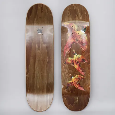 Passport Pheasants skateboard deck: Three richly coloured pheasants in flight, in orange, red and green, printed over a stained brown wood deck. Small label in a corner.