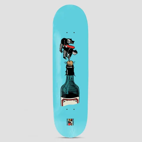 Passport Wine Em' & Dine Em' Series An Introduction To Wine skateboard deck: Two top-hatted gentlemen in black suits haul a corkscrew to pull the cork from a large dark wine bottle, drawn in vintage cartoon style on a turquoise deck. Small Passport logo at the tail.
