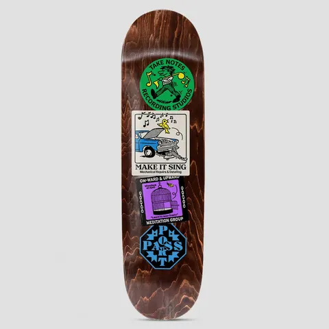 Passport Coaster Series Omward and Upward skateboard deck: Four sticker-style designs stacked on a brown stained deck: a green Take Notes Recording Studios roundel with a walking musician, a 'Make It Sing' car repair sticker with a bird, an Om-ward & Upward meditation group birdcage notice, and a blue Passport logo octagon.