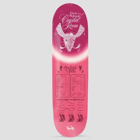 Passport Menu Pro Series Dean skateboard deck: Pink and white airbrush-style deck with a chandelier shaped like a winged head at the top, 'Dean Palmer's Crystal Room' script, and a printed cocktail menu with small drink illustrations beneath. Passport logo at the tail.