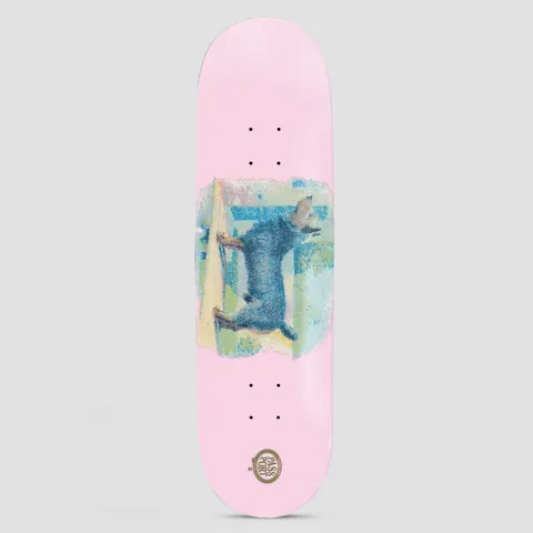 Passport PassPort Hybrid Vigour Series Terrier skateboard deck: Pale pink deck with a stippled, pointillist painting of a shaggy blue-grey terrier standing in profile against pastel blue, green and yellow colour blocks. A small gold crest-style Passport logo sits near the tail.