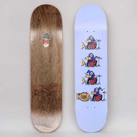 Passport What U Thought Series Drums Purple skateboard deck: Four stacked cartoon drummers in blue shirts playing red drum kits, each with a gold bomb shaped like a barrel, the bottom one marked PASS PORT, on a lavender deck.