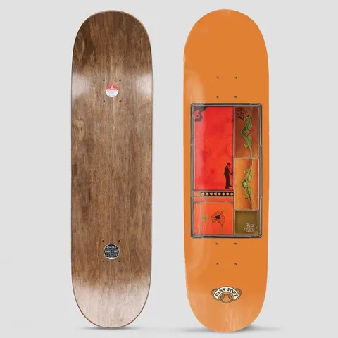 Passport Communal Tile Series Grandad skateboard deck: Orange deck with a framed stained-glass style panel in the centre, divided into red and amber sections with a small standing figure and art nouveau green vine motifs.