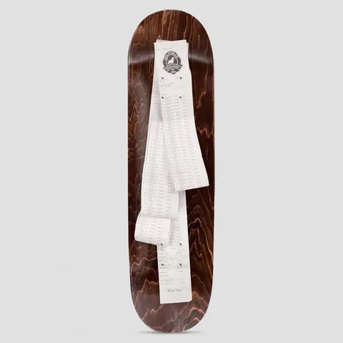 Passport Pro Series Jack Receipt skateboard deck: Brown wood-stained deck with a photograph of a very long till receipt laid down its length, with a circular logo at the top and 'Thank you!' at the bottom.