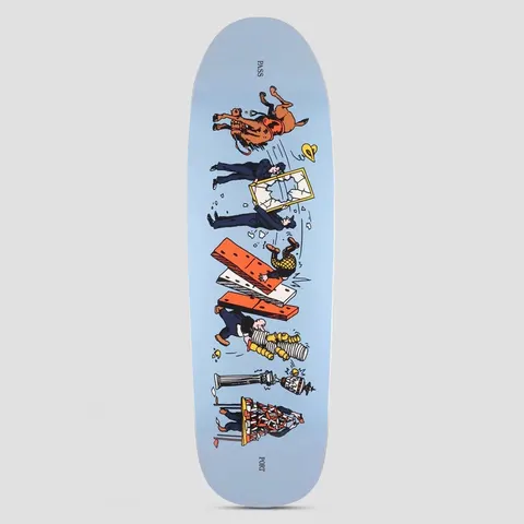 Passport Singles Take Care Spade Shape skateboard deck: A vertical chain-reaction scene of small illustrated figures: a bucking horse, men smashing a mirror, falling dominoes, a toppling stack of coins and a house of cards, on a pale blue spade-shaped deck.