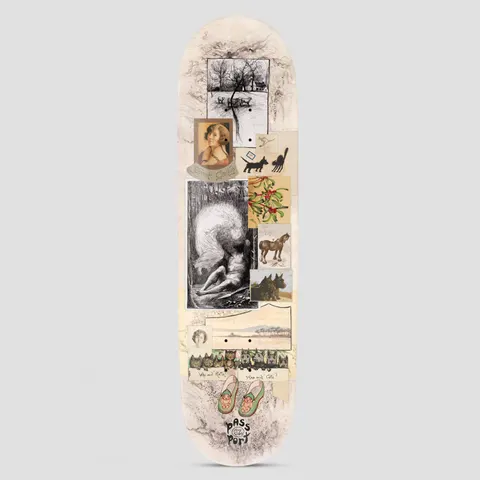 Passport x May Gibbs 8.25 MG skateboard deck: Vintage-style collage of old illustrations on a cream deck: a woodland scene, a woman's portrait, black cats and dogs, mistletoe, a brown horse, a row of cats and a pair of green slippers. Passport logo at the tail.