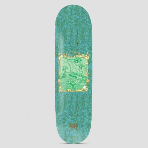 Passport x May Gibbs 8.5 Scribblegum skateboard deck: Framed storybook illustration of gumnut characters and insects in a bushland scene, in green line art with a gold floral frame, on a teal ground covered in pale blue botanical pattern.