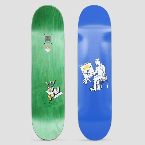 Polar Brady Painter Blue skateboard deck: Simple white-outlined drawing of a man seated at an easel painting a portrait, on a royal blue deck. The underside shows a green stain with a small drawing of brushes and a palette.