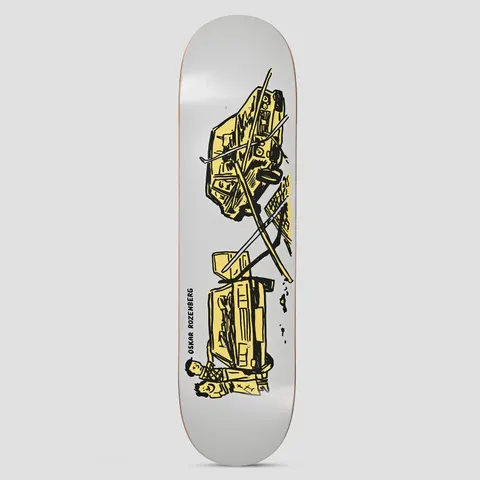 Polar Oskar Rozenberg Drivers License Grey skateboard deck: Loose line drawing in black with pale yellow fill of two crashed cars, one flipped over, with broken barriers and two small standing figures nearby, on a light grey deck. Oskar Rozenberg printed vertically.