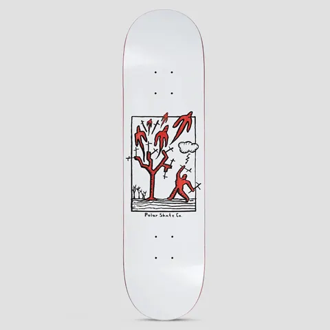 Polar Team Heaven White skateboard deck: Naive black-outline drawing in a box on a white deck: a red figure with a raised arm beside a bare red tree whose branches hold crosses, with red bird-like figures flying above and a small storm cloud.