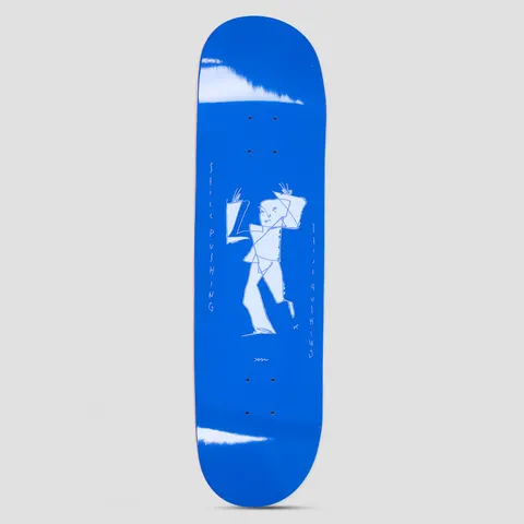 Polar Team / Alv Still Pushing skateboard deck: Pale line drawing of a loose, angular figure striding with one arm raised, on a solid royal blue deck. Hand-written Still Pushing runs down either side, mirrored.
