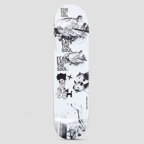 Polar Aaron Herrington Fear Eats The Soul skateboard deck: A black and white collage with the phrase FEAR EATS THE SOUL repeated three times, over statue photos, a cartoon figure with an X sign, two toy animal heads and smoke. Rider name along the right edge.