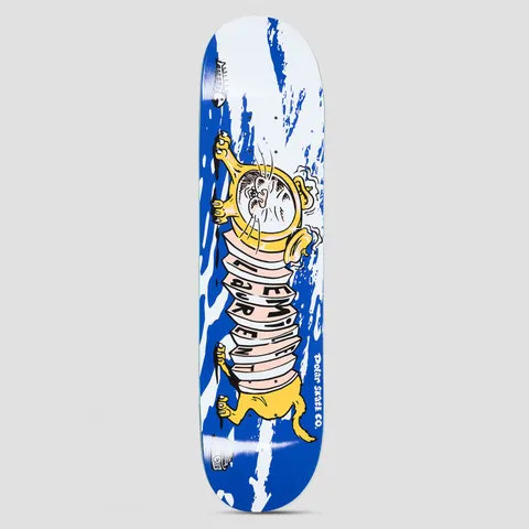 Polar Emile Laurent Accordion Dog skateboard deck: Cartoon dog with a diving-helmet-style yellow head and an accordion-like segmented body, with the rider's name written across the folds. White and blue brushed background with Polar Skate Co. lettering at the side.