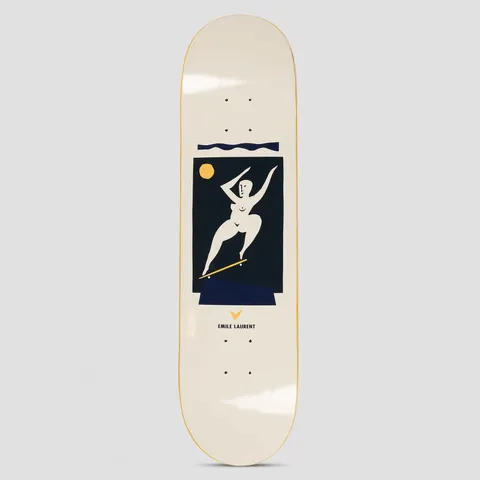 Polar Emile Laurent Crooks Cream skateboard deck: Cream silhouette of a nude woman with arms raised, riding a skateboard in a dark navy panel with an orange sun and a wavy sea band above. Flat, minimal illustration with the rider's name beneath on a cream deck.