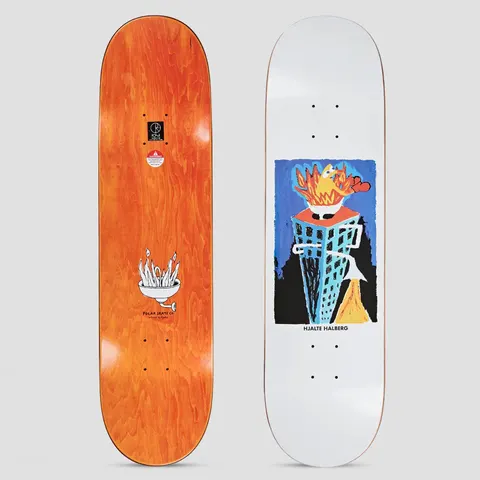 Polar Hjalte Halberg Burning Sink White skateboard deck: A rough, painterly picture of a blue building topped with a burning bowl of orange flames, with black and yellow shapes below, framed on a white deck. The rider name sits beneath. The underside shows a white flaming sink drawing on orange.