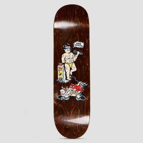 Polar Aaron Herrington Pumping Iron skateboard deck: Cartoon of a muscular man in yellow trunks and sunglasses lifting a dumbbell beside a warning-labelled machine, above a red devil figure lounging with takeaway noodles and cables. A speech bubble names Aaron Herrington.