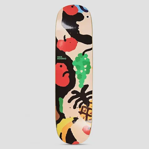 Polar Nick Boserio Fruit Lady P2 skateboard deck: A loose, childlike painting of fruit including red apples, green grapes, a pineapple and a banana, with black shapes suggesting a woman's profile, on a cream background. A small green Nick Boserio name appears at left.