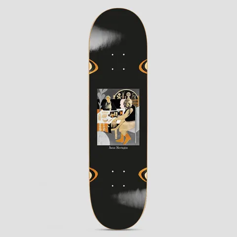 Polar Aaron Herrington Tea Riders Surf Jr Wheel Wells skateboard deck: Illustrated square panel of a tattooed man seated at a laid table, with a seated figure behind him and symbols on the wall, in muted orange, grey and black. Orange eye-like shapes sit at the wheel wells on a black deck.