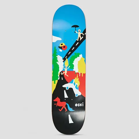 Polar Oskar Rozenberg Beautiful Day skateboard deck: Naive flat-colour scene of a winding road with a figure holding an umbrella, a burning figure, a burning white car, a red horse, trees and clouds, under a blue sky. OSKI is written near the bottom.