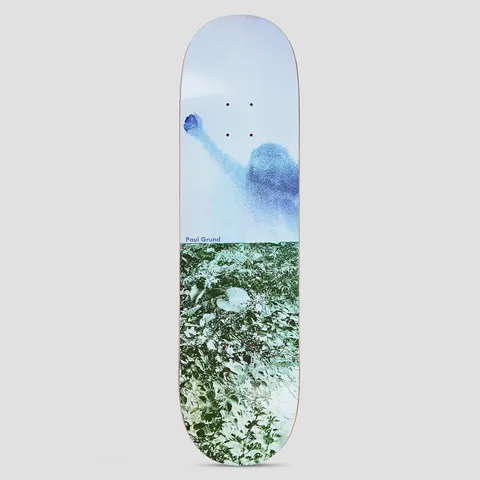 Polar Paul Grund Man With Window skateboard deck: A two-part photo, with a pale blue, grainy figure raising a fist in a window above and a green leafy field of plants below. A small blue rider name sits at the join.