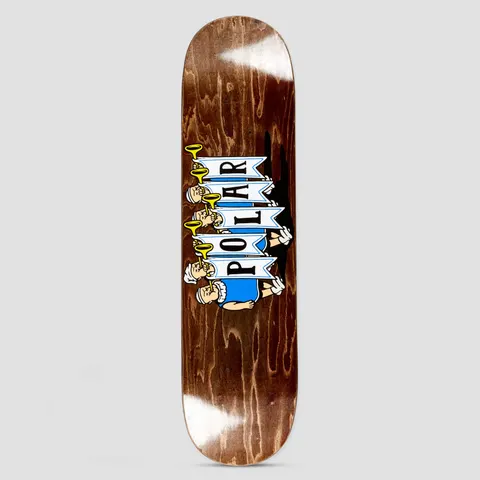 Polar Team Model Trumpets skateboard deck: Cartoon row of five cherubic trumpeters in blue tunics and white caps, each blowing a long horn hung with a banner. The banners spell POLAR, on a stained brown wood deck.