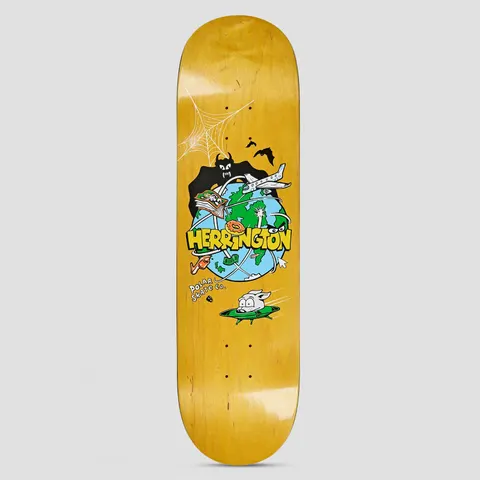 Polar Aaron Herrington Planet Herrington skateboard deck: A cartoon globe with aeroplane, donut and bat-winged black creature orbiting it, with a cobweb in the corner and a small pig-like creature in a green flying saucer. Herrington is written in yellow bubble letters across it.
