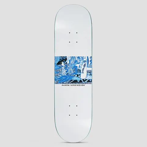 Polar Aaron Herrington Serenade skateboard deck: White deck with a central rectangular panel of a busy blue and black line illustration of figures in a decorated interior, one seemingly serenading. The rider's name is printed in small capitals beneath.