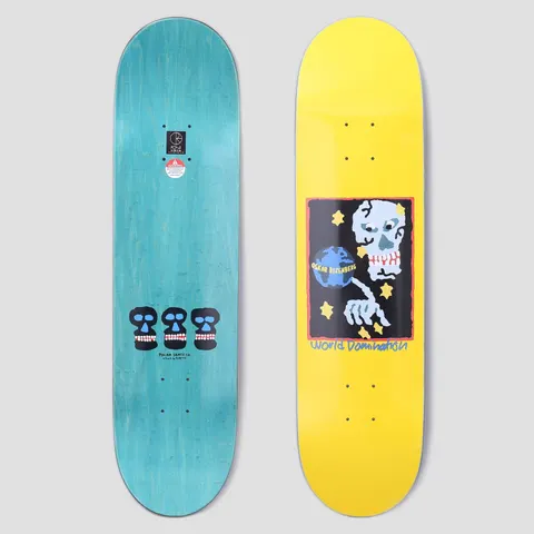Polar Oski World Domination Yellow skateboard deck: A framed painting-style picture of a pale blue skull pointing at a small globe among yellow stars, with World Domination handwritten below, on a yellow deck. The underside shows three black skulls on teal.