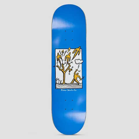 Polar Team Heaven Blue skateboard deck: Framed naive drawing of yellow figures with swords flying away from a bare tree, with one figure and a storm cloud at the right, on a blue deck. 'Polar Skate Co.' is written beneath.