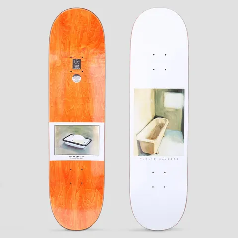 Polar Hjalte Halberg Bathtub White skateboard deck: White deck with a painted square image of a clawfoot bathtub in a pale green and cream room. A second painting of a soap dish appears on the orange-stained underside.