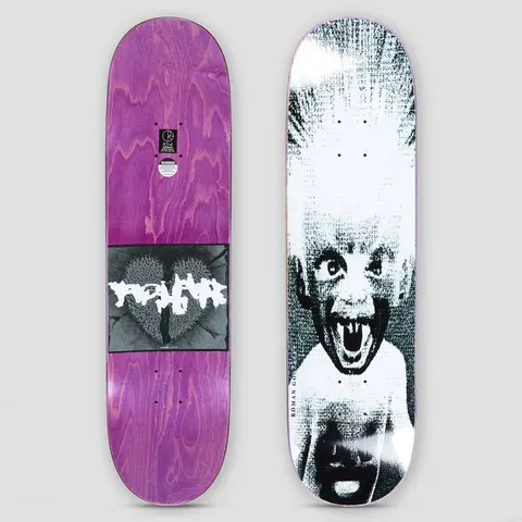 Polar Roman Gonzalez Demon Child skateboard deck: Grainy black and white photograph of a screaming child with wild, spiky hair and fangs, printed across a white deck. Rider name runs along the edge.