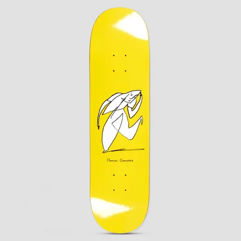 Polar Roman Gonzalez Stay In Motion Yellow skateboard deck: Bright yellow deck with a loose white and black line drawing of a long-eared, rabbit-like figure running with a hand to its head. Small black 'Román González' signature below.