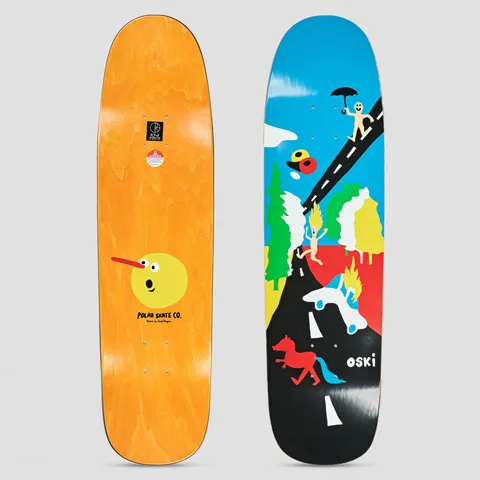 Polar P9 Oskar Rozenberg Beautiful Day skateboard deck: A naive painted scene of a road winding up a hill under a blue sky, with a naked figure holding an umbrella, flaming figures, a burning car and a red horse. The name OSKI is on the lower right. The underside shows a yellow face with a long red nose.