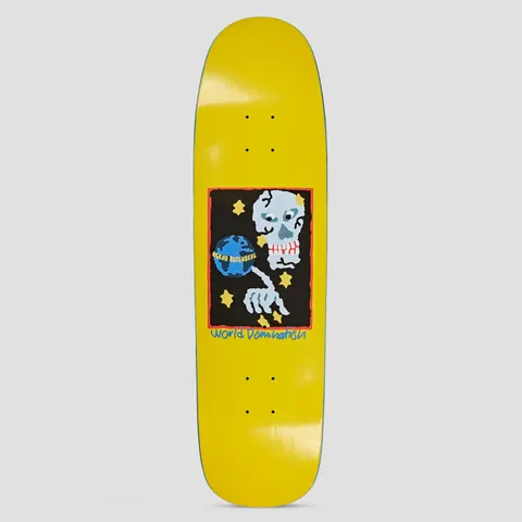 Polar P9 Shape Oskar Rozenberg World Domination Yellow skateboard deck: Naive painted panel on a yellow deck showing a pale skull with stitched teeth and a skeletal hand reaching towards a small globe among yellow stars, in a red-bordered black frame. Handwritten title beneath.