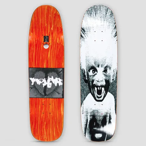 Polar P9 Shape Roman Gonzalez Demon Child skateboard deck: High-contrast black and white halftone image of a wild-haired child with an open mouth and fangs, with a second face at the bottom. The underside has a cracked-heart panel and distorted Polar lettering on orange.