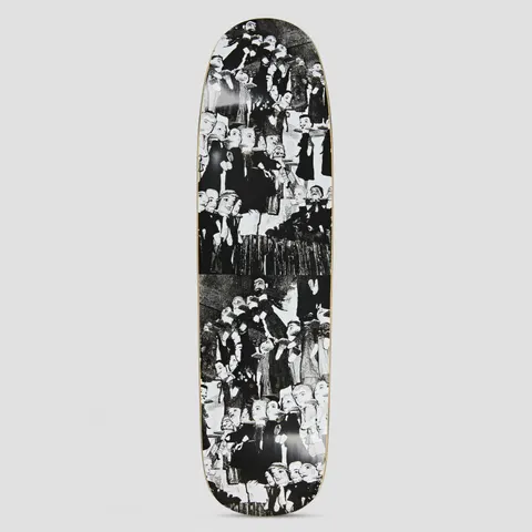 Polar P9 Shape Roman Gonzalez Puppet Storage skateboard deck: Black and white photo collage of rows of ventriloquist-style puppets with painted faces and dark clothes, repeated in two stacked panels across a shaped deck.