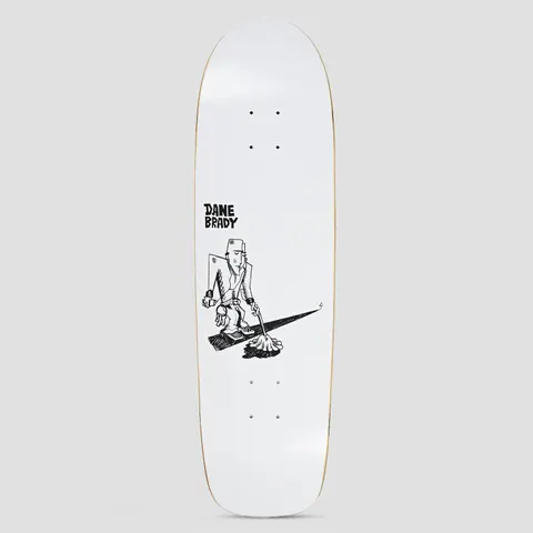Polar Surf Jr Dane Brady Mopping White skateboard deck: Black line drawing of a hunched figure in a hat and coat mopping the floor, with a long shadow, on a plain white deck. The rider's name is in hand-lettered caps above.