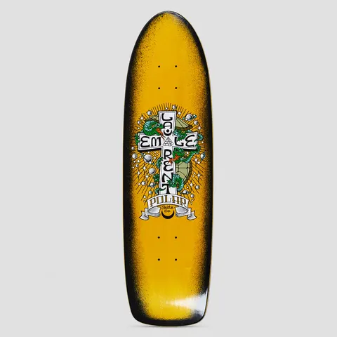 Polar T-Shape Emile Laurent Turtle Town skateboard deck: Old-school cruiser shape with a cross spelling EMILE LAURENT, entwined by two green snakes over a turtle with orbiting planets and rays. A banner below reads Polar Skate Co. on an orange deck with sprayed black edges.